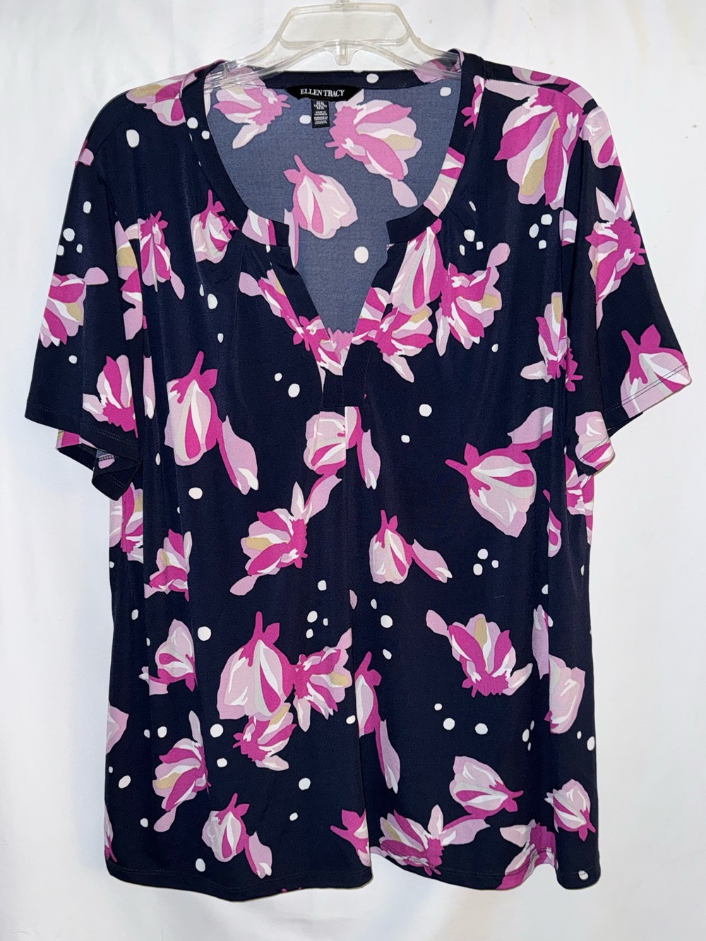 Ellen Tracy Navy Floral Print Short Sleeve V-Neck Top Size XL
